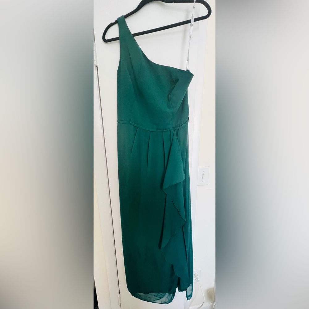 David’s Bridal One Shoulder Chiffon Bridesmaid Dress in Juniper